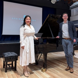 Rose Jiang, Stephen Perse Cambridge parent gifting a Steinway piano to the school, with Matthew Rudd, Director of Music